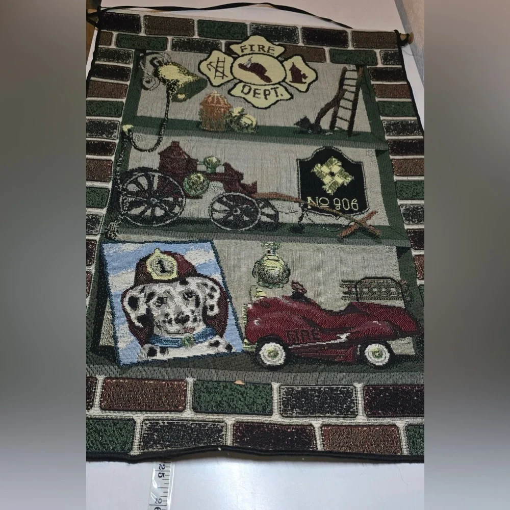 Vintage Fire Dept Woven Tapestry Wall Hanging Bannerette Dalmatian Decor 17x25